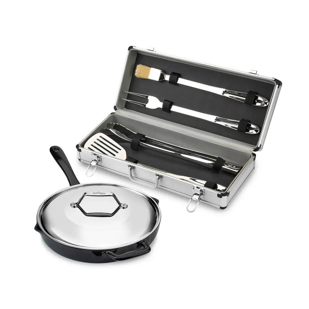 Enameled Cast Iron 12 inch Skillet with Lid & 5 piece BBQ Tool Set 1 Enameled Cast Iron 12 inch Skillet with Lid & 5 piece BBQ Tool Set