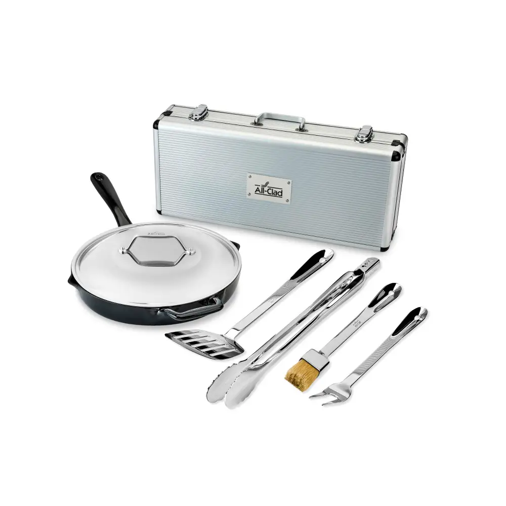 Enameled Cast Iron 12 inch Skillet with Lid & 5 piece BBQ Tool Set 8 Enameled Cast Iron 12 inch Skillet with Lid & 5 piece BBQ Tool Set