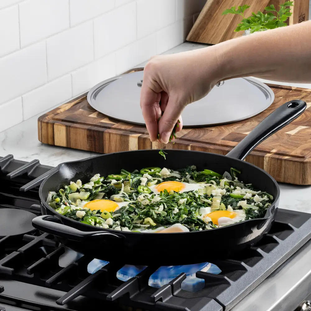 Enameled Cast Iron 12 inch Skillet with Lid & 5 piece BBQ Tool Set 10 Enameled Cast Iron 12 inch Skillet with Lid & 5 piece BBQ Tool Set