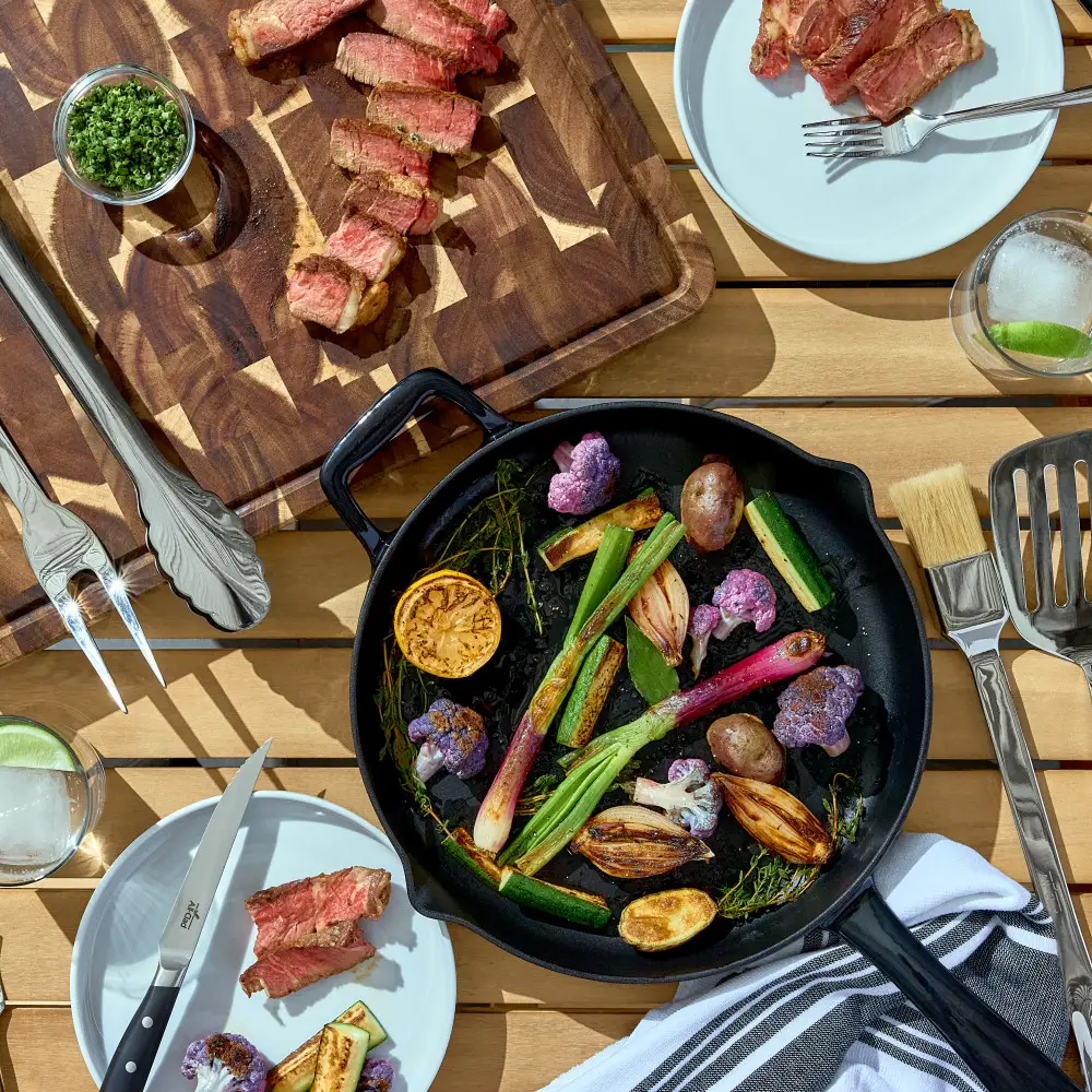 Enameled Cast Iron 12 inch Skillet with Lid & 5 piece BBQ Tool Set 11 Enameled Cast Iron 12 inch Skillet with Lid & 5 piece BBQ Tool Set